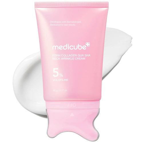 Medicube PDRN Collagen Gua Sha Neck Wrinkle Cream with Built-In Massager, Featuring 5% Volufiline for Firming and Contouring of Fine Lines on Neck, Jawline, Décolleté, Underarms, Chest, Legs, and Shoulders | Korean Skincare Solution