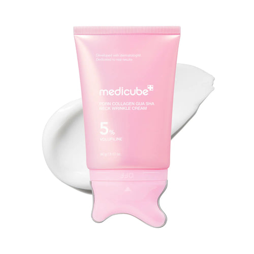 Medicube PDRN Collagen Gua Sha Neck Wrinkle Cream with Built-In Massager, Featuring 5% Volufiline for Firming and Contouring of Fine Lines on Neck, Jawline, Décolleté, Underarms, Chest, Legs, and Shoulders | Korean Skincare Solution