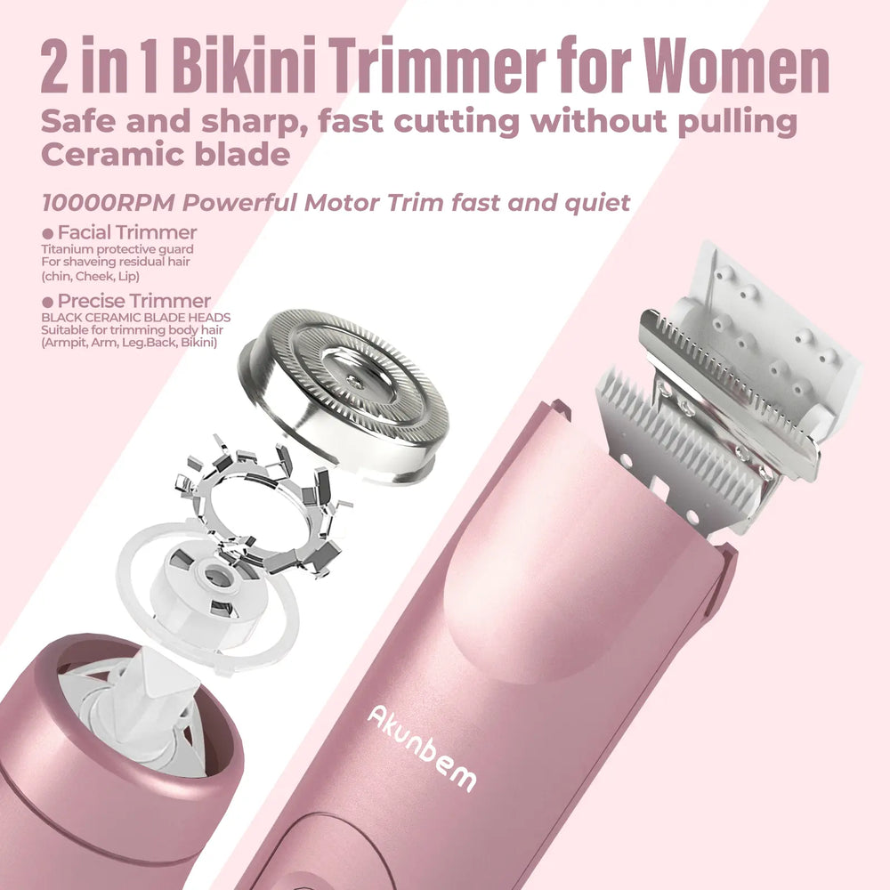 Akunbem Women's Bikini Trimmer - Rechargeable 2-in-1 Electric Shaver and Epilator with Dual Heads for Painless Hair Removal, IPX7 Waterproof, Ideal for Body and Facial Grooming