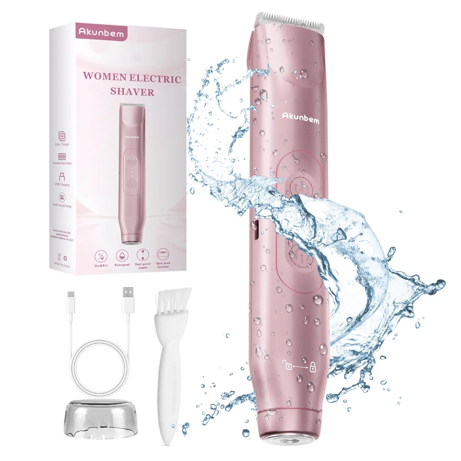 Akunbem Women's Bikini Trimmer - Rechargeable 2-in-1 Electric Shaver and Epilator with Dual Heads for Painless Hair Removal, IPX7 Waterproof, Ideal for Body and Facial Grooming